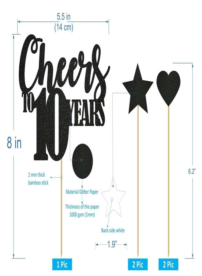 SVM CRAFT زينة كعكة عيد الميلاد العاشر من SVM CRAFT® باللون الأسود، مزينة ببريق ذهبي، مكتوب عليها "Cheers to 10 Years" / زينة كعكة عيد الميلاد العاشر / لوازم حفلات الذكرى السنوية العاشرة - Image 3